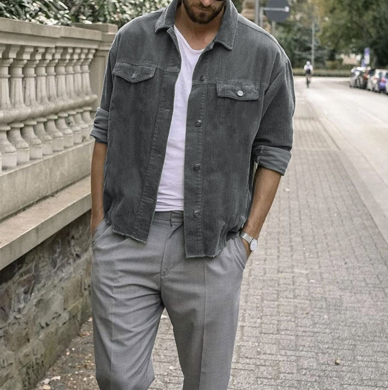 Casual Punk Corduroy Loose Jacket For Men With Long Sleeves And Pockets-BMbridal