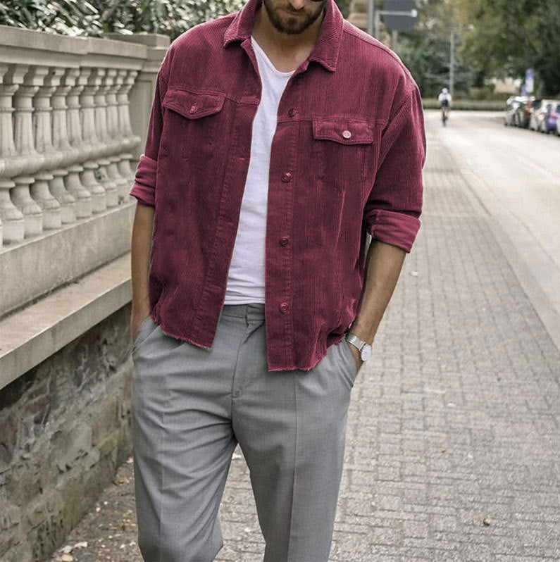 Casual Punk Corduroy Loose Jacket For Men With Long Sleeves And Pockets-BMbridal