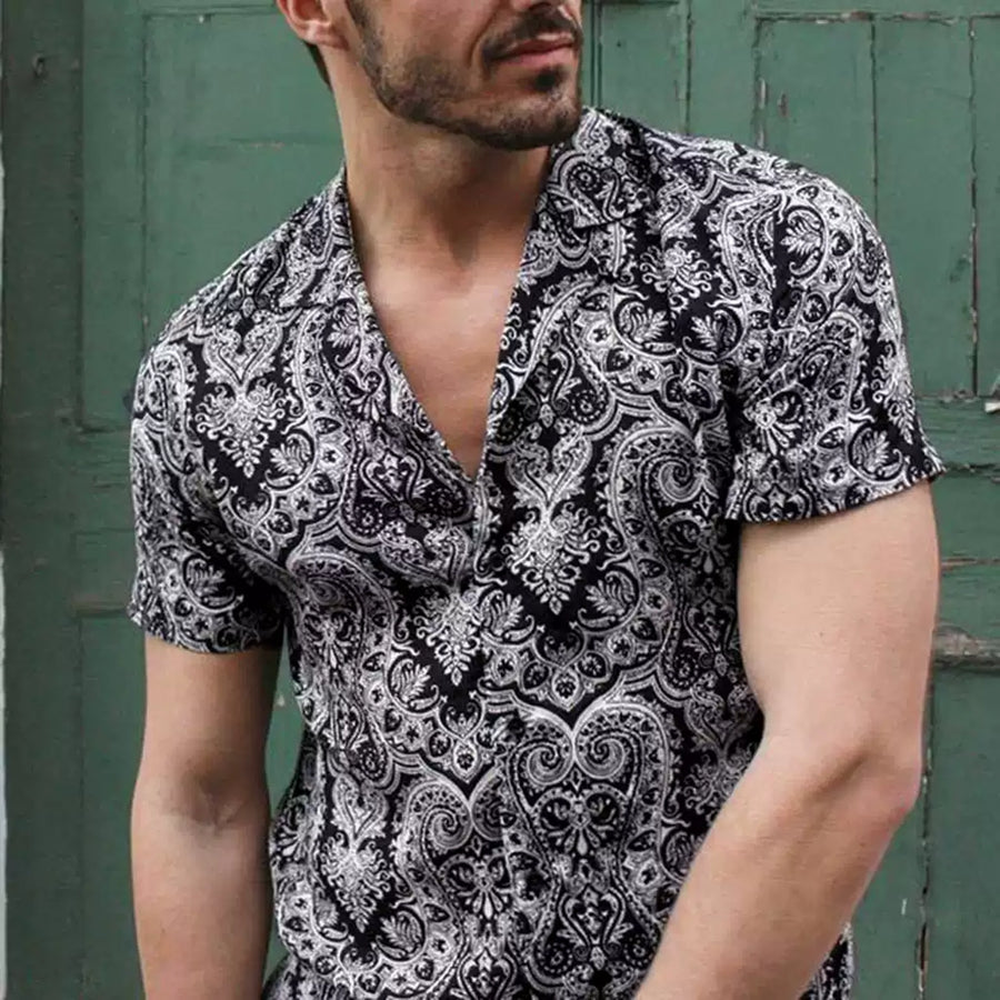 Casual Short-Sleeved Loose Beach Shirt With Floral Lapel For Men-BMbridal