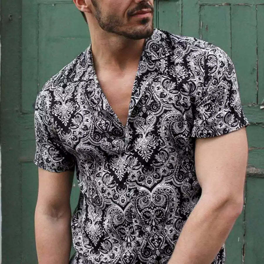 Casual Short-Sleeved Loose Beach Shirt With Floral Lapel For Men-BMbridal