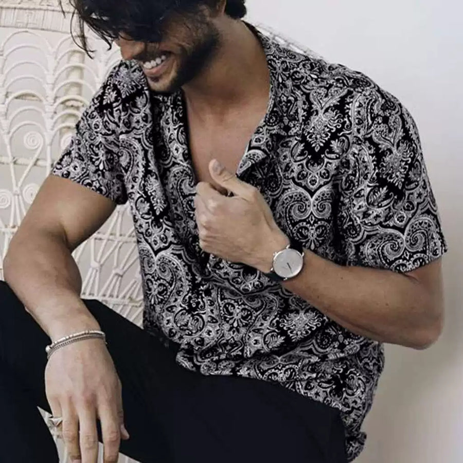 Casual Short-Sleeved Loose Beach Shirt With Floral Lapel For Men-BMbridal
