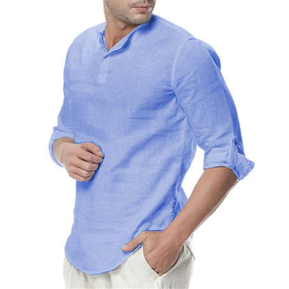Casual Solid Color Shirt For Men With Stand Collar And Long Sleeves-BMbridal