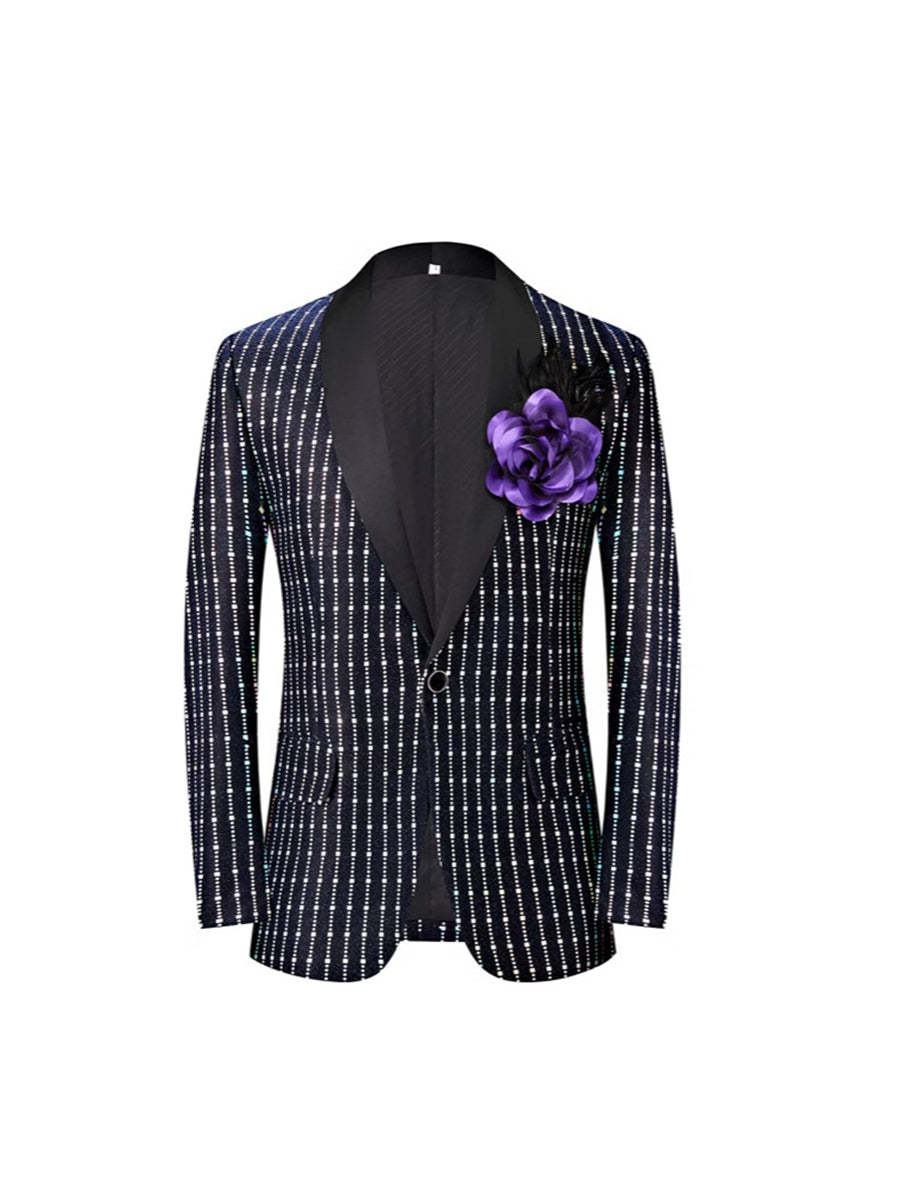 Men's Black Retro Tailored Fit One-Button Party Suit With Square Sequins-BMbridal