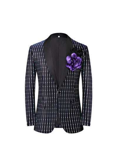 Men's Black Retro Tailored Fit One-Button Party Suit With Square Sequins-BMbridal