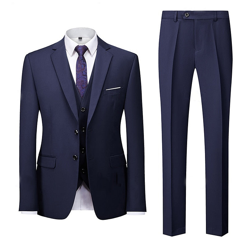 Men's Navy Blue Business Suit Set - Standard Fit Single Breasted 2-Button 3-Piece Wedding & Party Attire-BMbridal