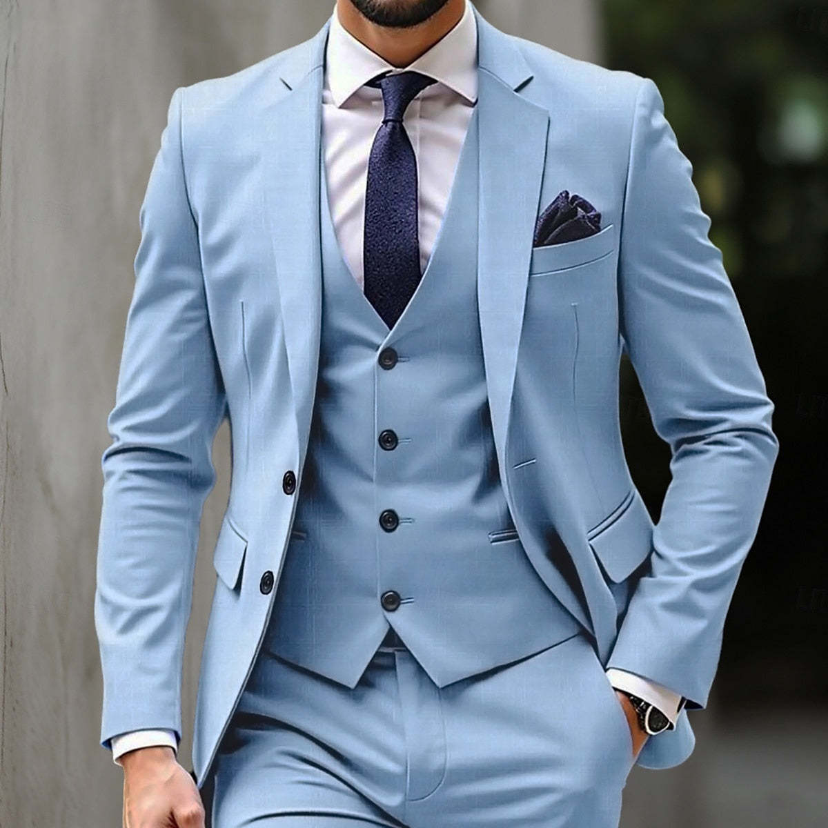 Men's Sky Blue Three-Piece Single-Breasted Two-Button Formal Wedding Suit-BMbridal
