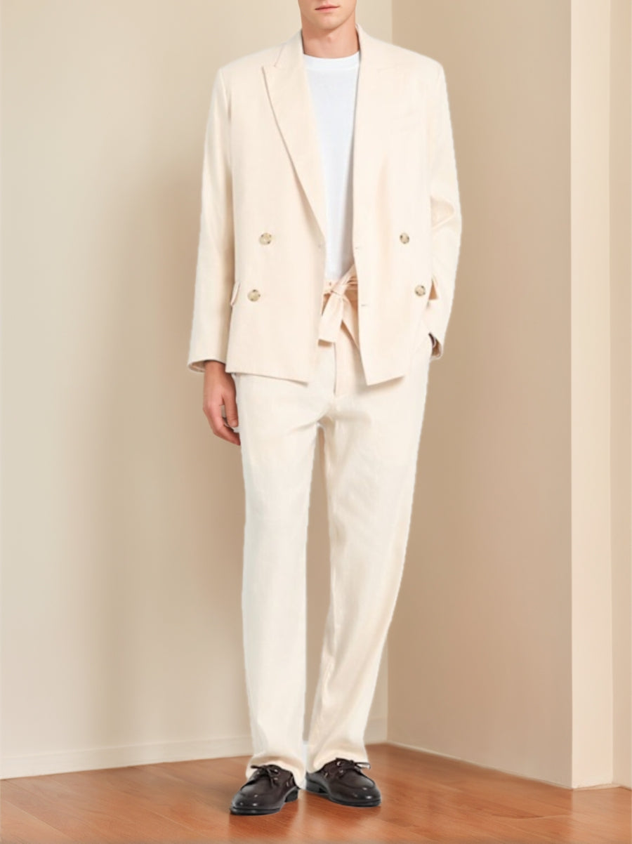 Single-Breasted Men's Cream Suit With Peaked Lapel Four Buttons And Pockets For Business Or Casual Wear-BMbridal