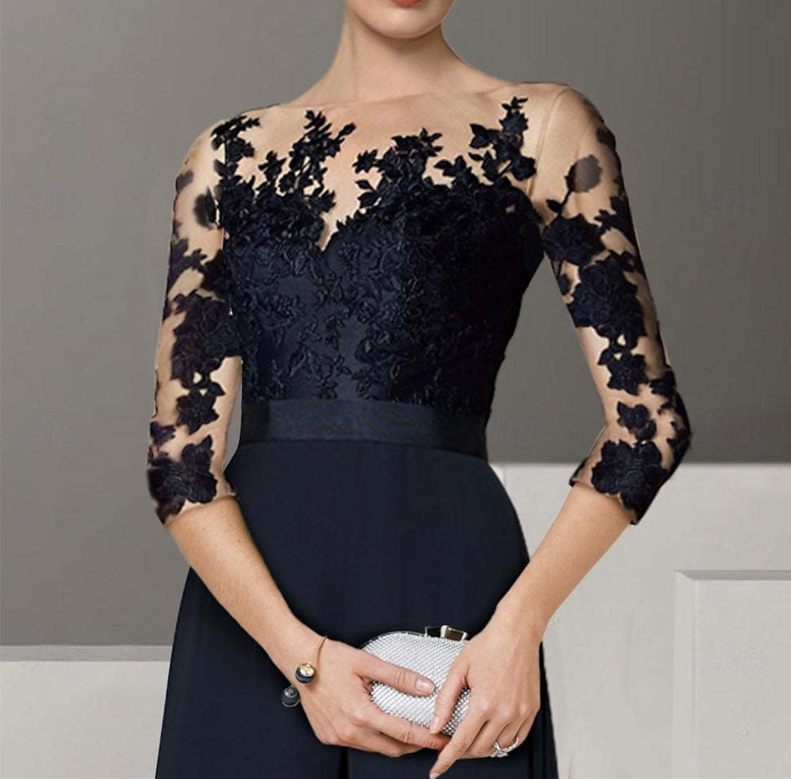 Princess Jewel Neck A-Line Floor-Length Mother of the Bride Pantsuit with Applique and 3/4 Sleeves-BMbridal