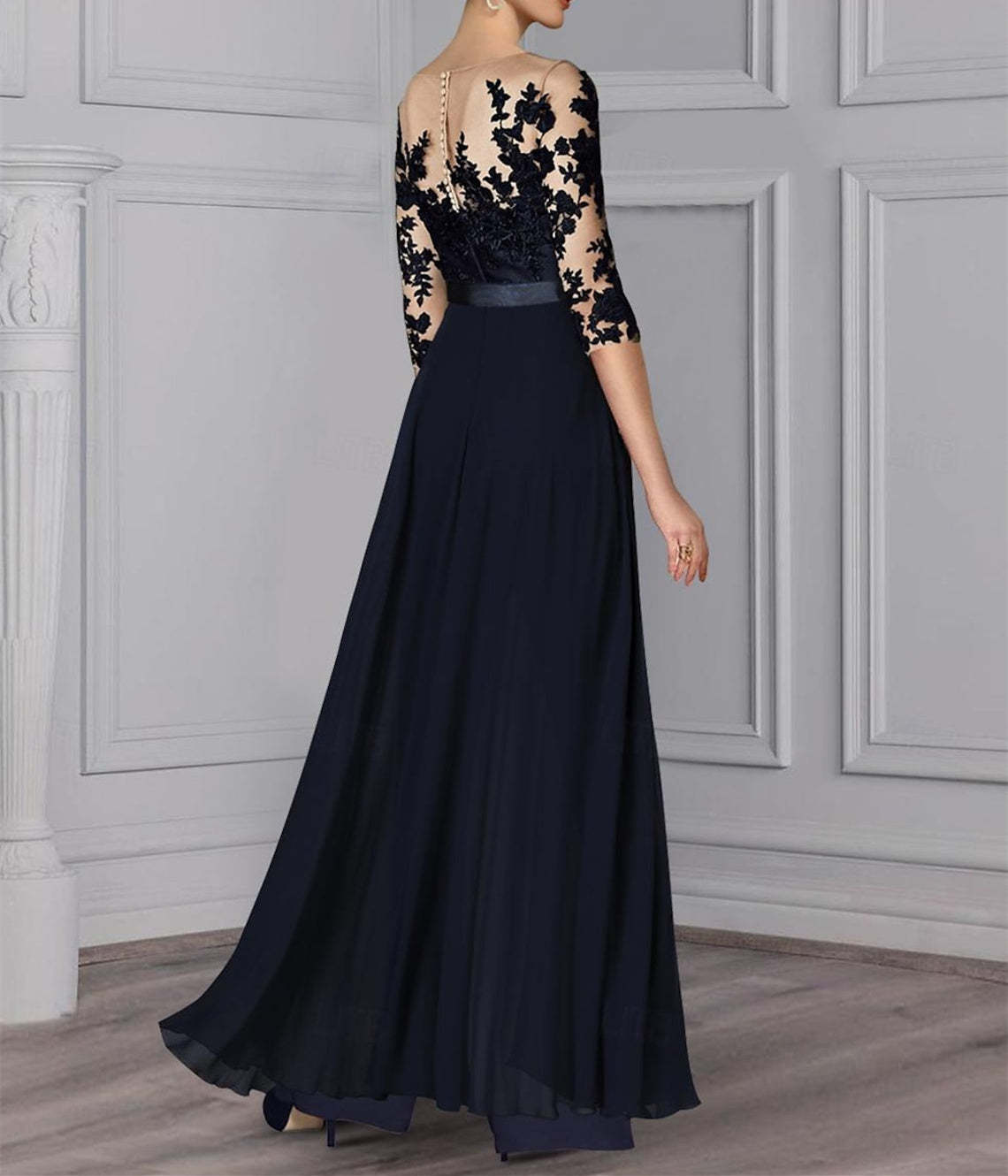 Princess Jewel Neck A-Line Floor-Length Mother of the Bride Pantsuit with Applique and 3/4 Sleeves-BMbridal