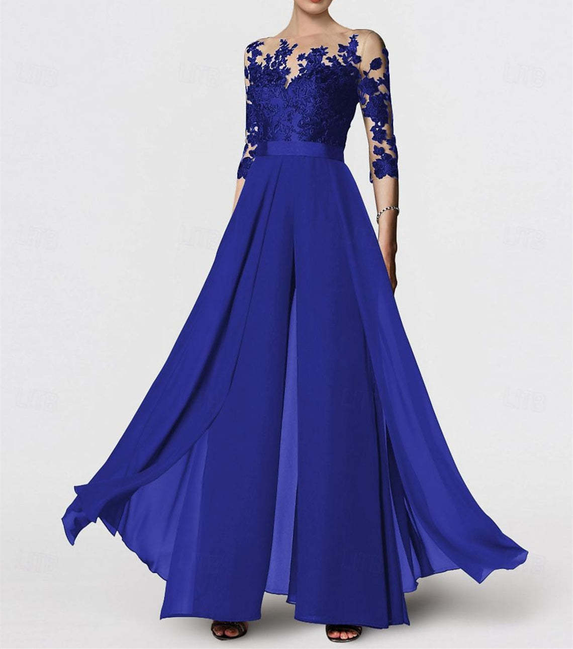 Princess Jewel Neck A-Line Floor-Length Mother of the Bride Pantsuit with Applique and 3/4 Sleeves-BMbridal