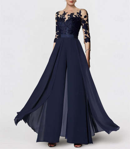 Princess Jewel Neck A-Line Floor-Length Mother of the Bride Pantsuit with Applique and 3/4 Sleeves-BMbridal