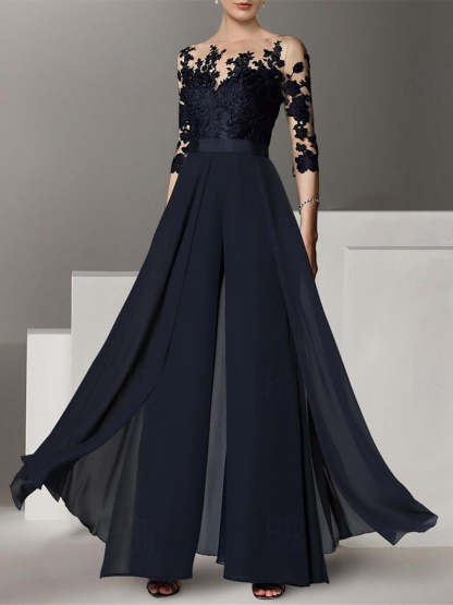 Princess Jewel Neck A-Line Floor-Length Mother of the Bride Pantsuit with Applique and 3/4 Sleeves-BMbridal