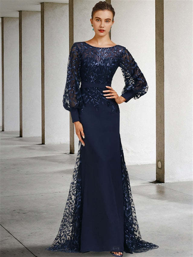 Sequined Floor-Length Mother of the Bride Dress with Scoop Neck and Long Sleeves