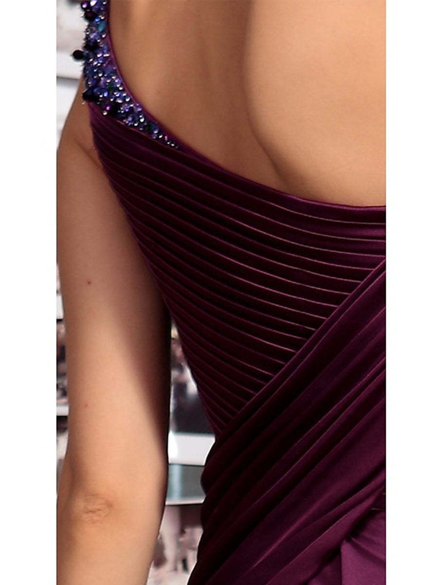 One Shoulder Sleeveless Floor Length Mother of the Bride Dress with Crystal Pleats and Draping-BMbridal