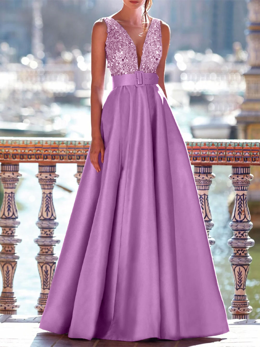 Sleeveless V-Neck A-Line Prom Dress with Pockets in Floor-Length Satin and Pearls-BMbridal