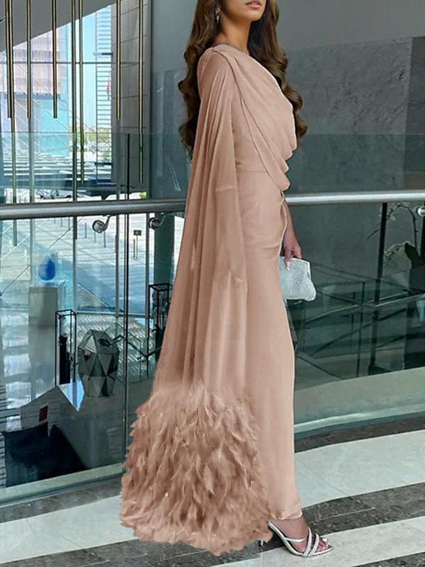 Sleeveless Cowl Neck Chiffon Prom Dress with Feather Ruched Slit and Sheath/Column Sweep/Brush Train-BMbridal