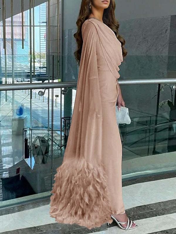 Sleeveless Cowl Neck Chiffon Prom Dress with Feather Ruched Slit and Sheath/Column Sweep/Brush Train-BMbridal