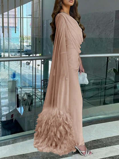 Sleeveless Cowl Neck Chiffon Prom Dress with Feather Ruched Slit and Sheath/Column Sweep/Brush Train-BMbridal