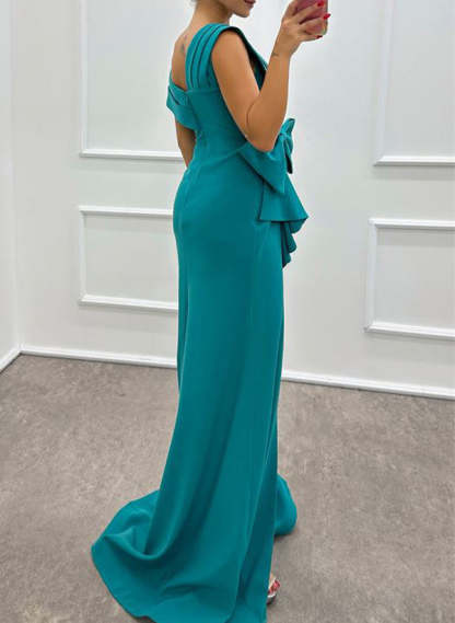 Sleeveless Satin Mother of the Bride Dress with Elastic Bow(s) and Sheath/Column Silhouette-BMbridal