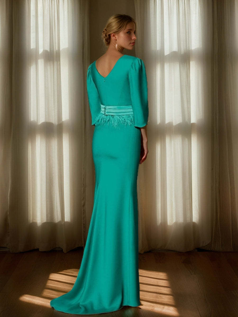 Evening Dresses with V-Neck and 3/4 Sleeves Featuring Embroidery Belt & Feather in Trumpet/Mermaid Style-BMbridal