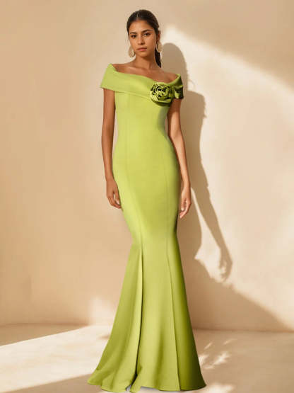 Minimalist Off-the-Shoulder Mother of the Bride Dresses in Trumpet/Mermaid Style with Detachable Flower-BMbridal