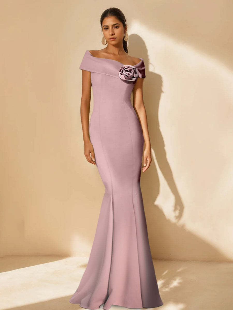 Minimalist Off-the-Shoulder Mother of the Bride Dresses in Trumpet/Mermaid Style with Detachable Flower-BMbridal