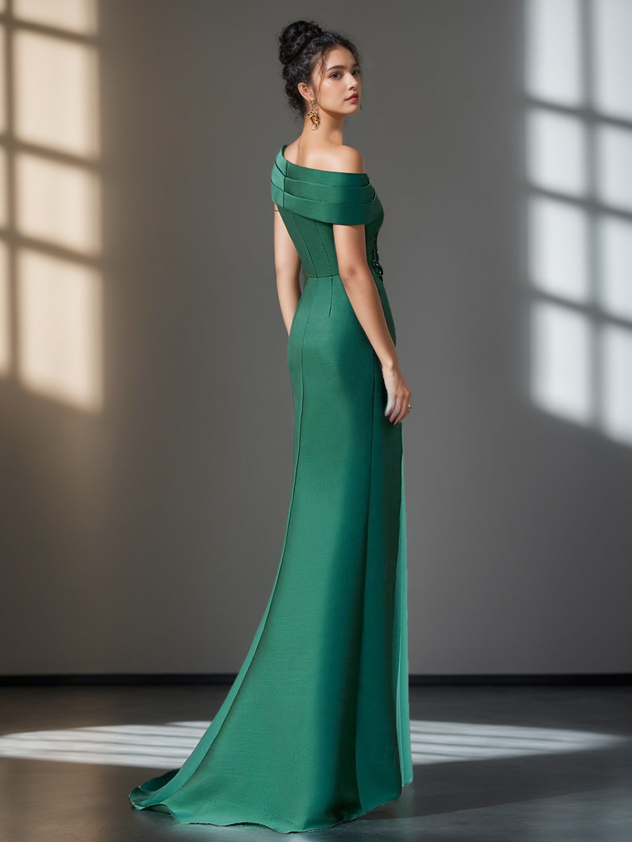 Evening Dresses with Ruffles & Appliques in Trumpet/Mermaid Style and Short One-Shoulder Sleeves-BMbridal