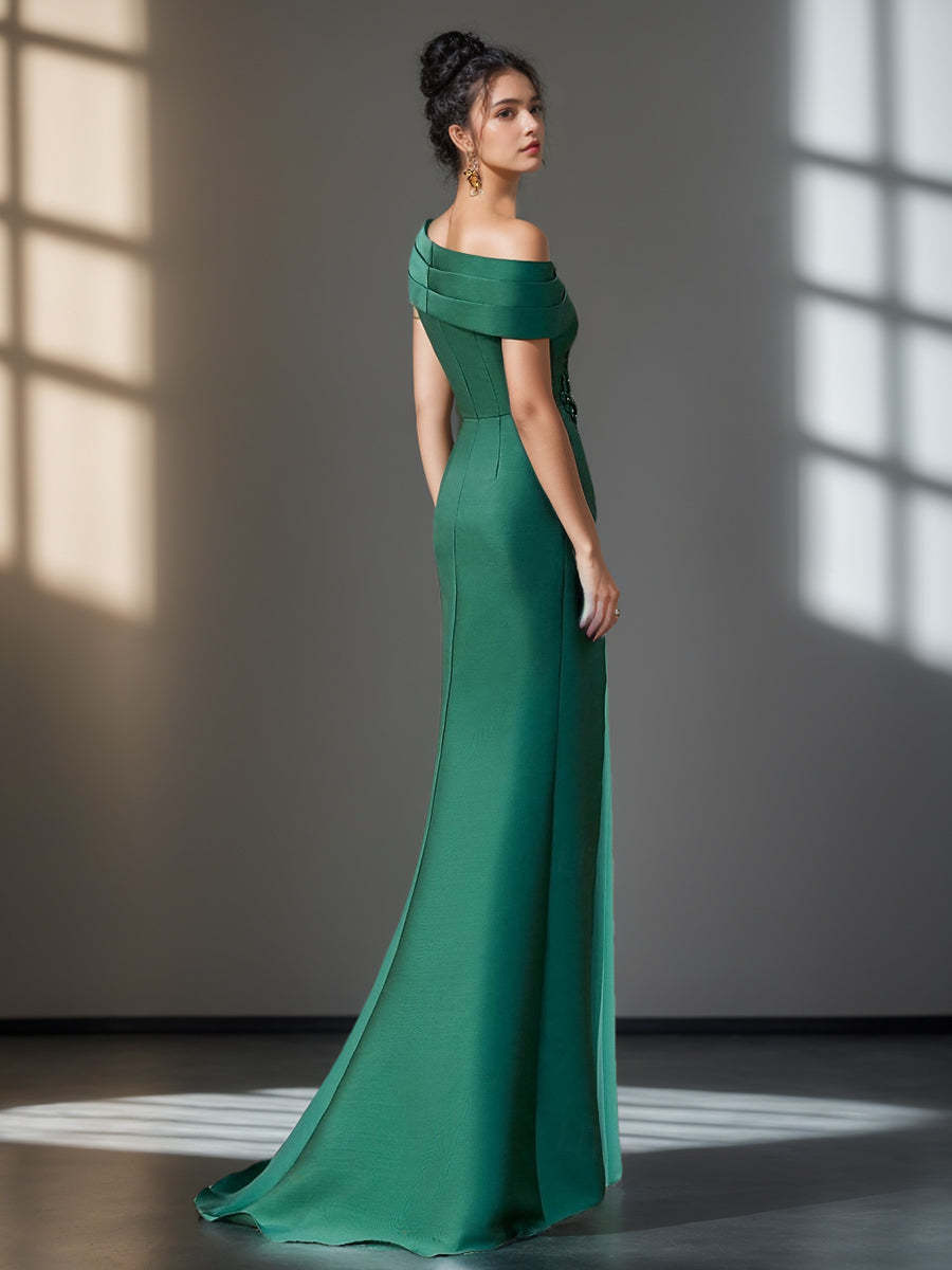 Evening Dresses with Ruffles & Appliques in Trumpet/Mermaid Style and Short One-Shoulder Sleeves-BMbridal