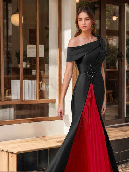 Evening Dresses with Ruffles & Appliques in Trumpet/Mermaid Style and Short One-Shoulder Sleeves-BMbridal