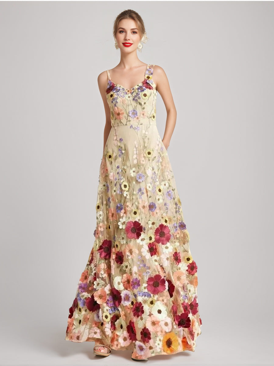 Princess A-Line Floor-Length Stylish Evening Dresses with Printed Flower Spaghetti Straps and Sleeveless-BMbridal