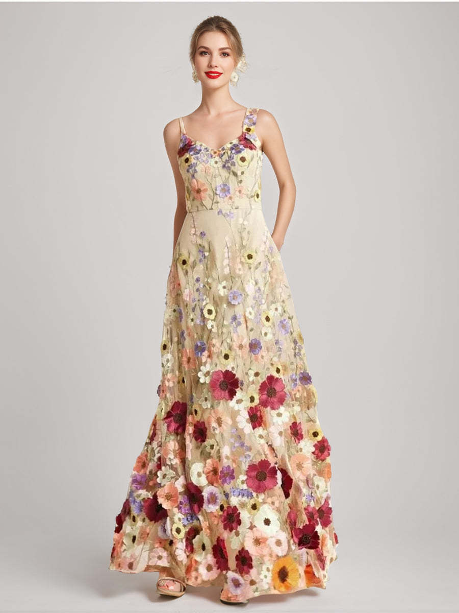 Princess A-Line Floor-Length Stylish Evening Dresses with Printed Flower Spaghetti Straps and Sleeveless-BMbridal