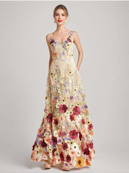 Princess A-Line Floor-Length Stylish Evening Dresses with Printed Flower Spaghetti Straps and Sleeveless-BMbridal