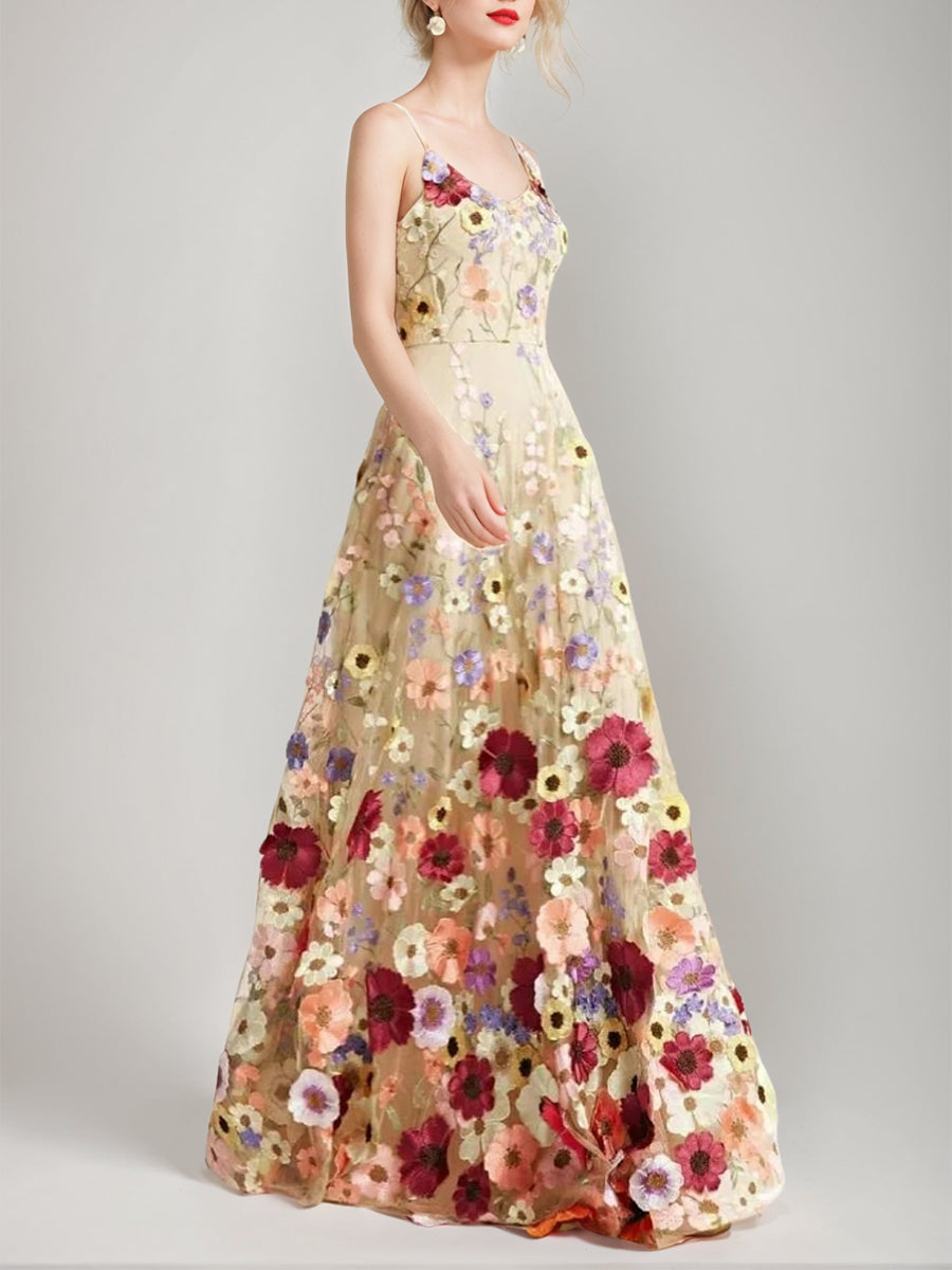 Princess A-Line Floor-Length Stylish Evening Dresses with Printed Flower Spaghetti Straps and Sleeveless-BMbridal