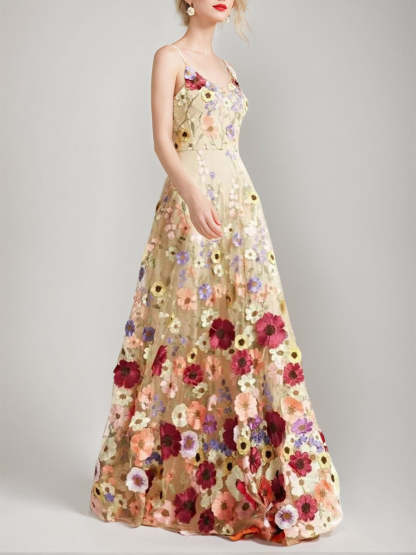 Princess A-Line Floor-Length Stylish Evening Dresses with Printed Flower Spaghetti Straps and Sleeveless-BMbridal