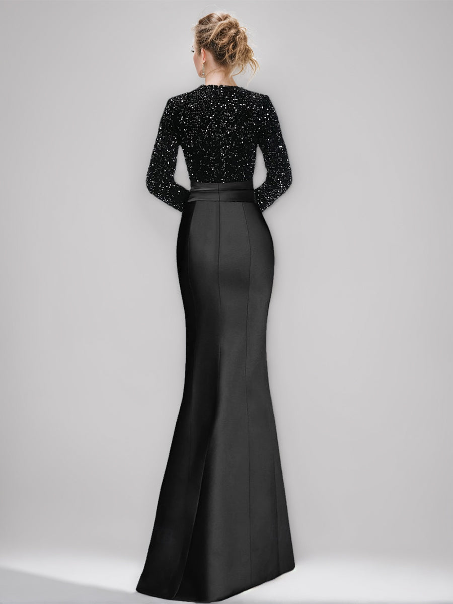 V-Neck Long-Sleeve Asymmetrical Evening Gown with Sequins and Ruffles