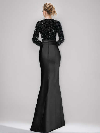 V-Neck Long-Sleeve Asymmetrical Evening Gown with Sequins and Ruffles