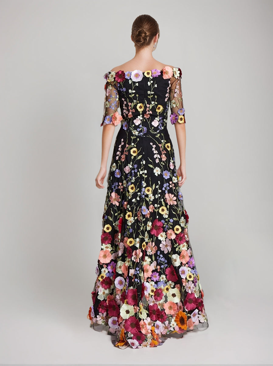 Printed Floral Evening Dresses with Half Sleeves in A-Line/Princess Off-the-Shoulder Style