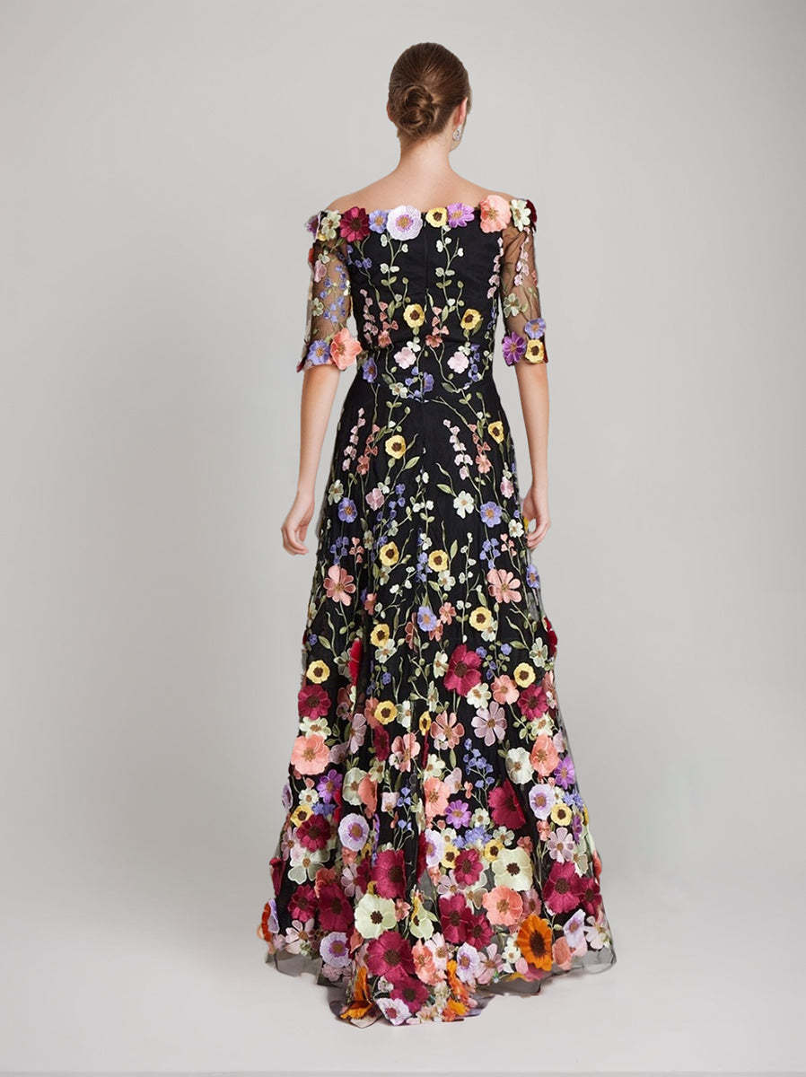 Printed Floral Evening Dresses with Half Sleeves in A-Line/Princess Off-the-Shoulder Style