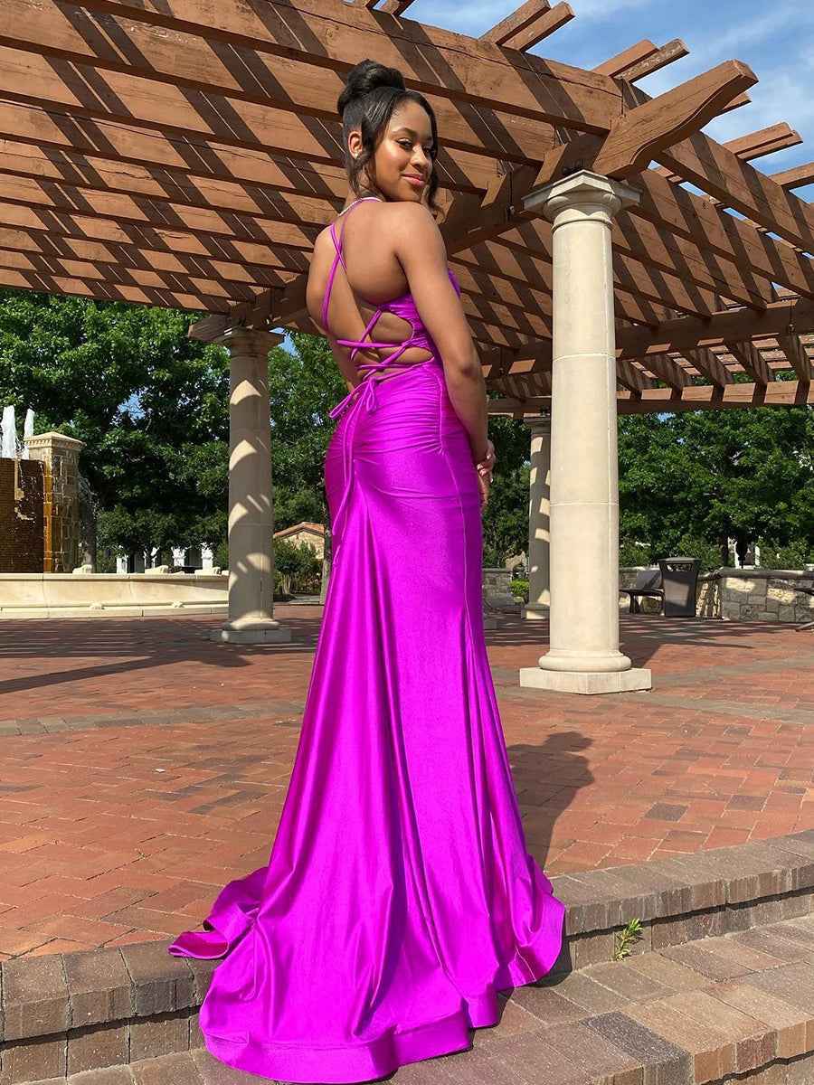 Magenta Satin Spaghetti Strap Ruched V-Neck Mermaid Prom Dress