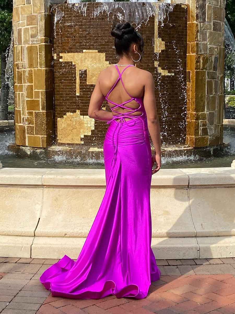 Magenta Satin Spaghetti Strap Ruched V-Neck Mermaid Prom Dress