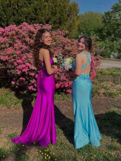 Magenta Satin Spaghetti Strap Ruched V-Neck Mermaid Prom Dress