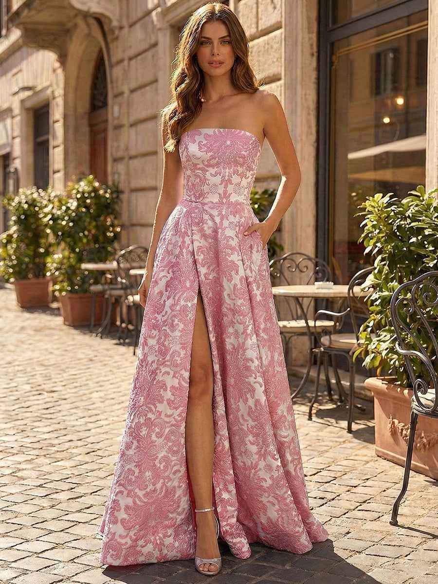 Majestic Blue Damask Strapless A-Line Prom Dress with Slit