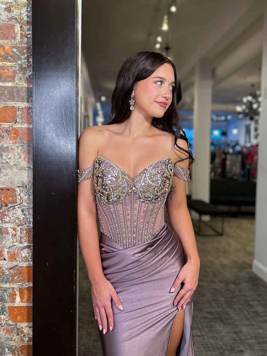 Mauve Satin Off-the-Shoulder Beaded Corset Prom Dress with High Slit
