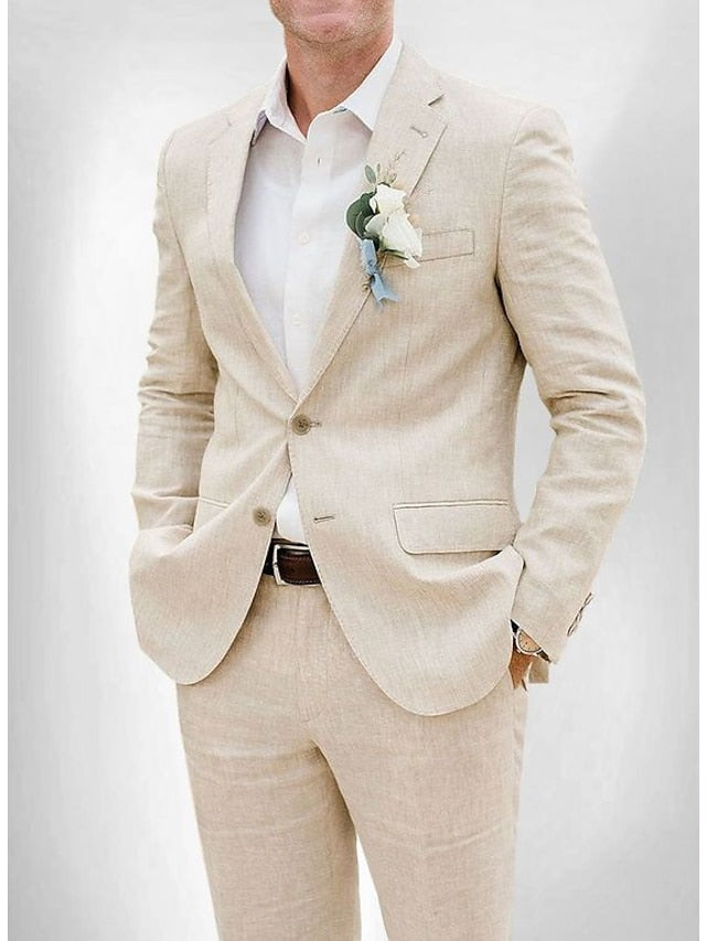 Men's Two-Button Single Breasted Tailored Linen Suit In Solid Colors-BMbridal