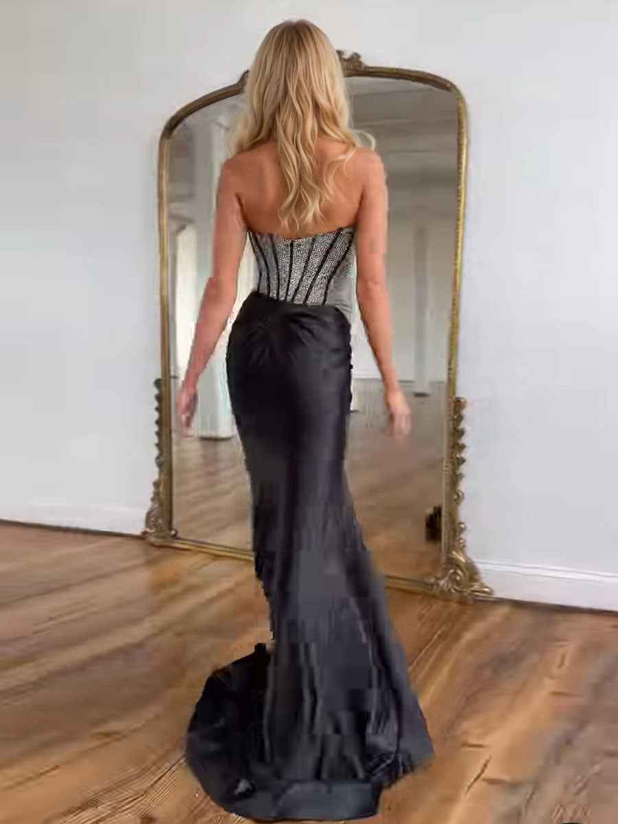 Mermaid Beaded Top Long Satin Prom Dress with Slit