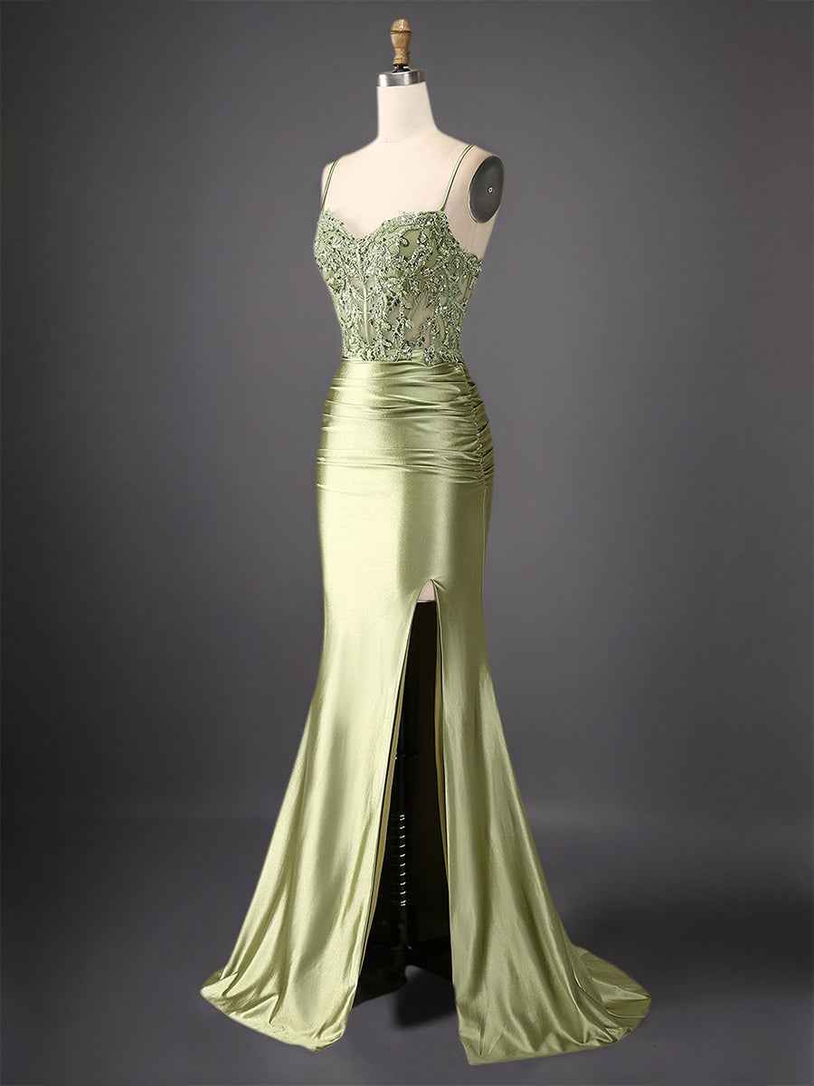 Mermaid Spaghetti Straps Bodice Long Prom Dress with Beads