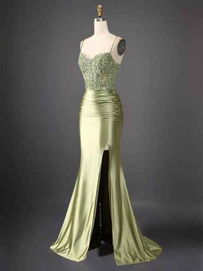 Mermaid Spaghetti Straps Bodice Long Prom Dress with Beads