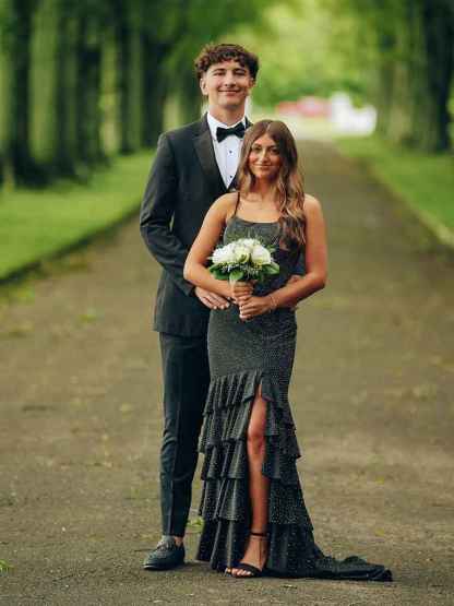 Mermaid Spaghetti Straps Rhinestone Ruffles Long Prom Dress with Slit