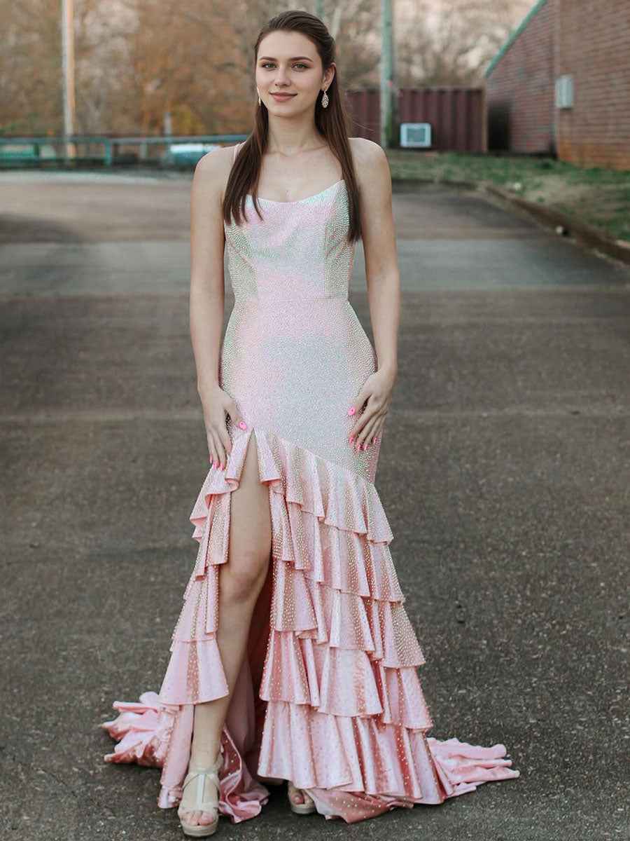 Mermaid Spaghetti Straps Rhinestone Ruffles Long Prom Dress with Slit