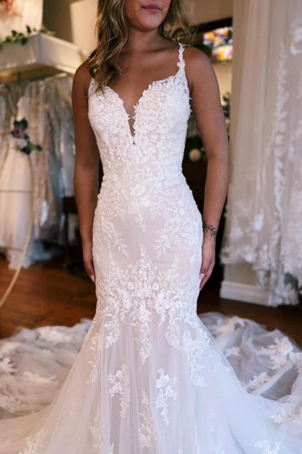 Mermaid Sweetheart Floor-Length Straps Sleeveless Tulle Wedding Dress with Appliques-BMbridal